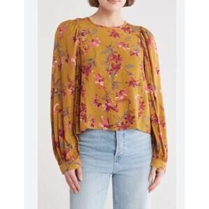 Womens Mustard Floral Long Sleeve Fall Blouse Size Small